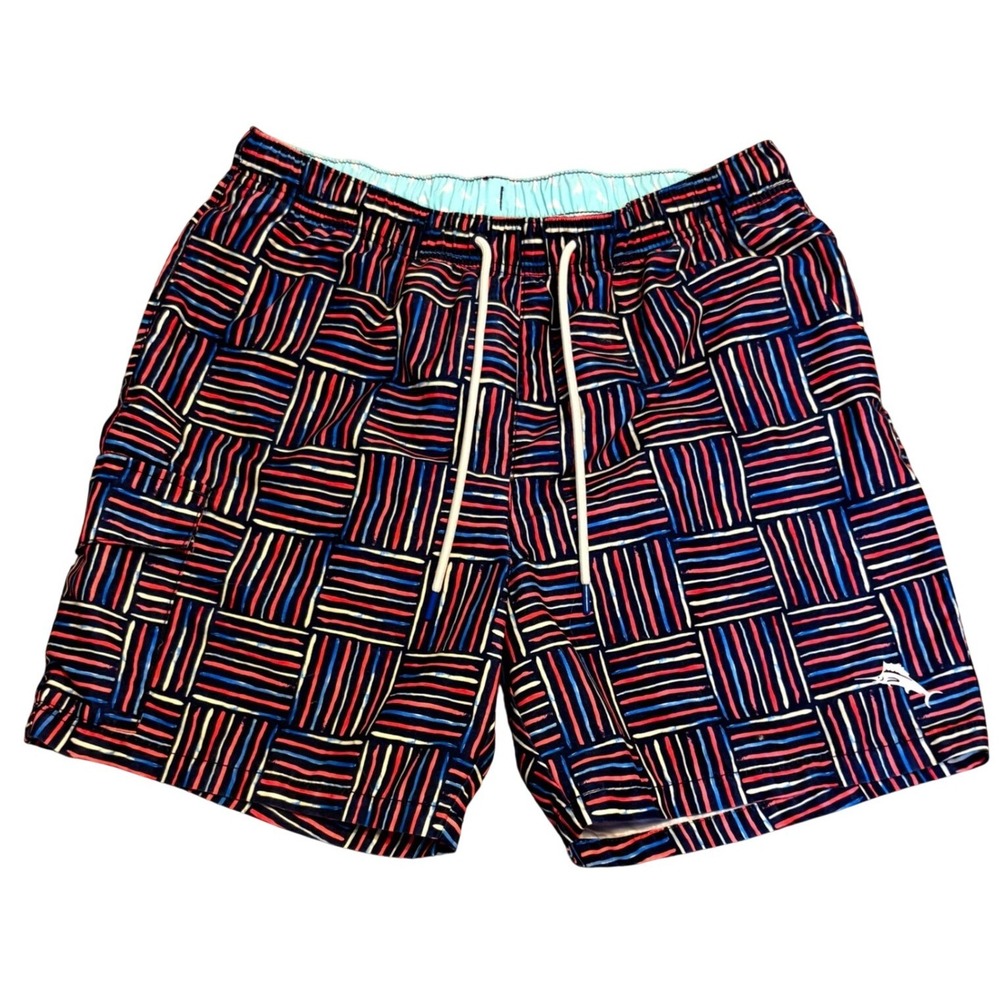 Tommy Bahama Swim Trunks Mens M Navy Blue Pink Geometricmetric Pocket‎ Shorts